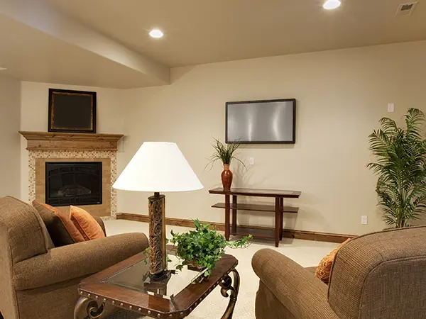 Modern remodeled basement featuring a cozy fireplace, elegant furniture, and soft lighting for a comfortable living space.