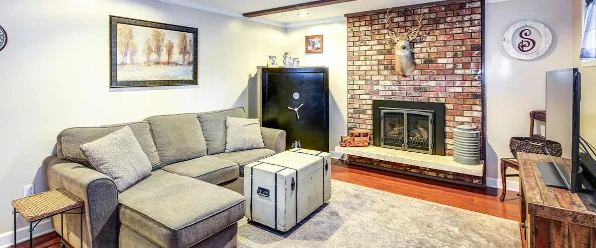 Finished basement with a sectional sofa, brick fireplace, and rustic decor for a warm, inviting space.